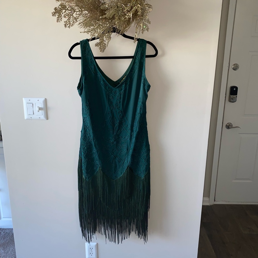 Green fringe flapper evening dress